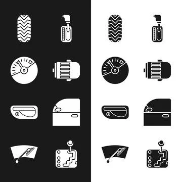 Set Electric engine, Speedometer, Car tire, Gear shifter, door handle, and Stock Illustration