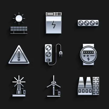 Set Electric extension cord, Wind turbine, Power station plant and factory Stock Illustration