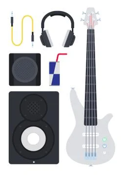 Set of electric guitar, speaker system and headset vector illustration in a flat Stockillustratie