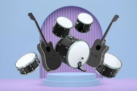 Set of electric guitars, acoustic guitar, and drum set suspended in air above Illustrazione stock