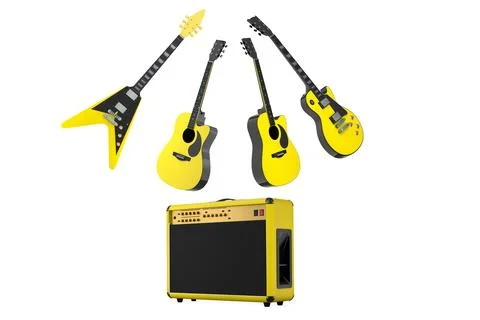 Set of electric guitars and amplifiers in modern style on white background... Stock Illustration