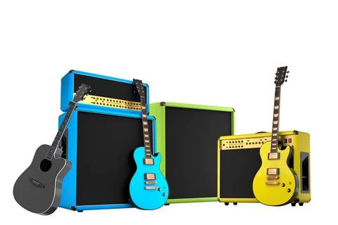 Set of electric guitars and amplifiers in modern style on white background... イラスト素材