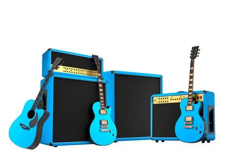 Set of electric guitars and amplifiers in modern style on white background... Stock Illustration