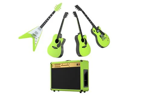 Set of electric guitars and amplifiers in modern style isolated on white back Stock Illustration