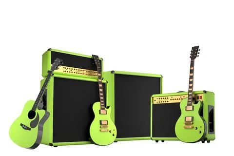 Set of electric guitars and amplifiers in modern style on white background... 스톡 일러스트