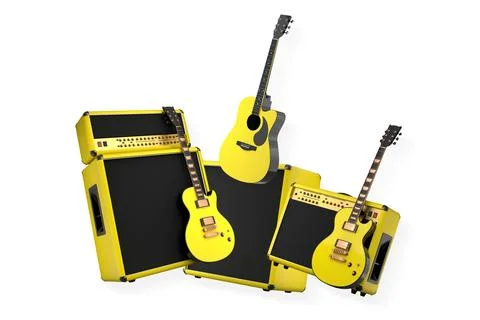 Set of electric guitars and amplifiers in modern style on white background Illustrazione stock
