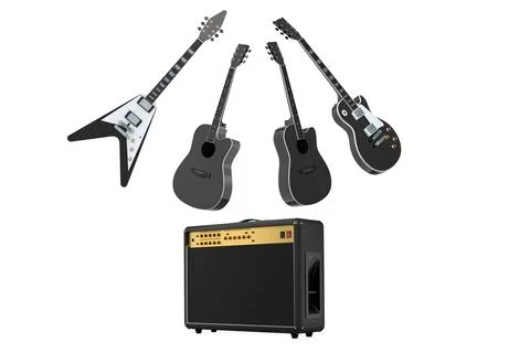 Set of electric guitars and amplifiers in modern style isolated on white back Stock Illustration