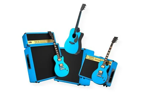 Set of electric guitars and amplifiers in modern style isolated on white back Stock Illustration