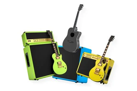Set of electric guitars and amplifiers in modern style isolated on white back Stock-Illustration
