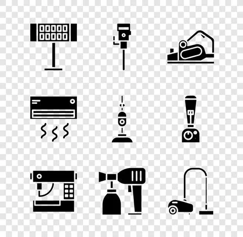 Set Electric heater, Construction jackhammer, planer tool, Sewing machine, Paint Illustrazione stock