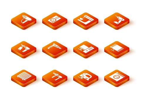 Set Electric heater, drill machine, Nail gun, jigsaw and Computer monitor ico Stock Illustration