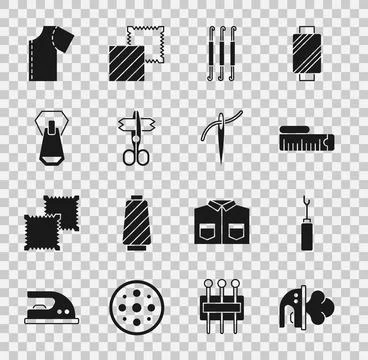 Set Electric iron, Awl tool, Tape measure, Crochet hook, Scissors, Zipper, .. Stock Illustration