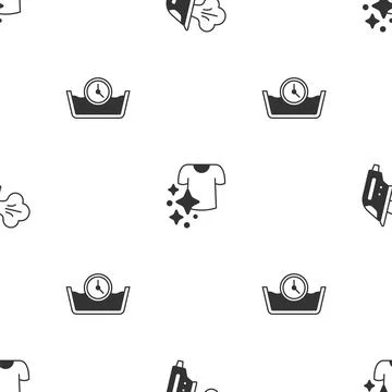 Set Electric iron, Drying clothes and Time wash on seamless pattern. Vector Illustrazione stock