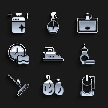 Set Electric iron, Garbage bag, Toilet paper roll, Dishwashing liquid bottl.. Stock Illustration