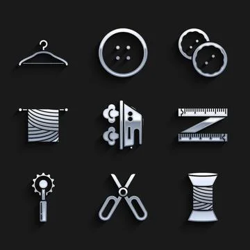 Set Electric iron, Scissors, Sewing thread spool, Tape measure, Cutter tool Illustrazione stock