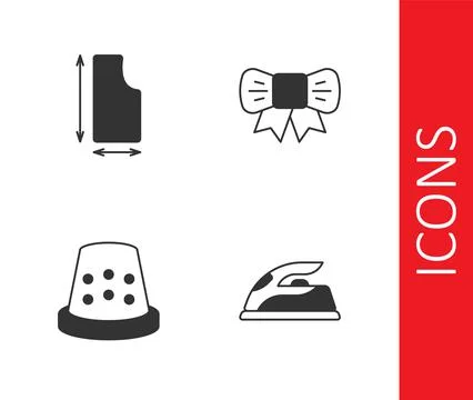 Set Electric iron, Sewing pattern, Thimble for sewing and Gift bow icon. Vect Stock Illustration