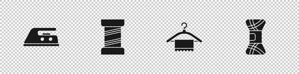 Set Electric iron, Sewing thread, Hanger wardrobe and Yarn icon. Vector Illustrazione stock