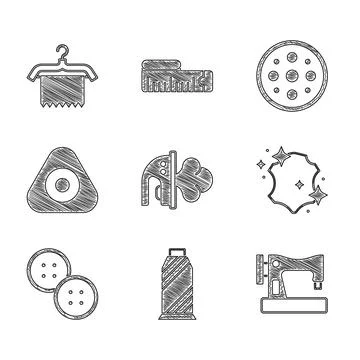 Set Electric iron, Sewing thread spool, machine, Leather, button, chalk, and Stock Illustration