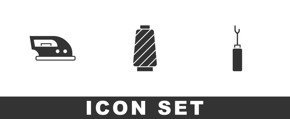 Set Electric iron, Sewing thread spool and Awl tool icon. Vector Stock Illustration