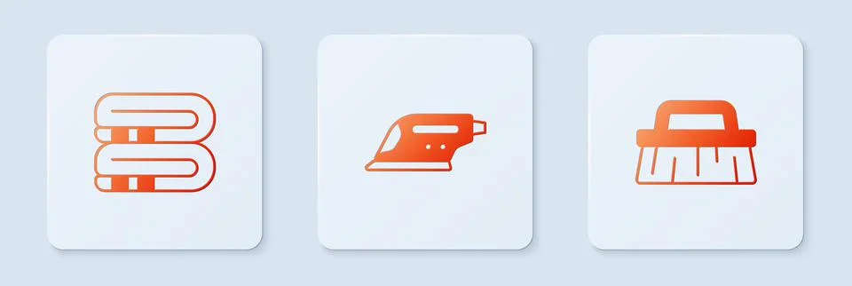 Set Electric iron, Towel stack and Brush for cleaning. White square button Stock Illustration
