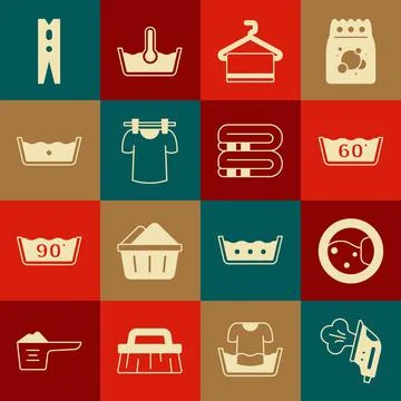 Set Electric iron, Washer, Temperature wash, Towel hanger, Drying clothes Stock Illustration