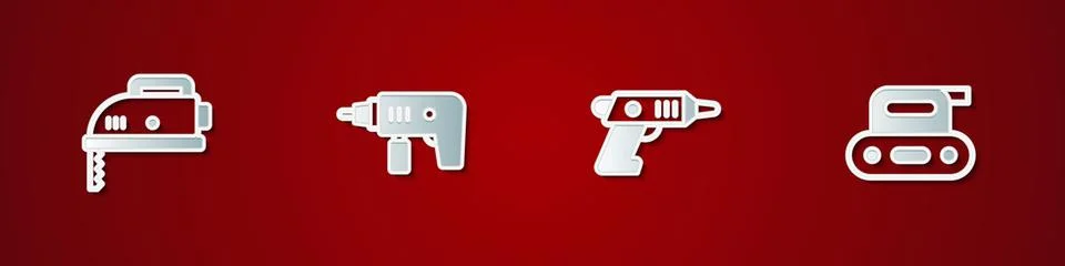 Set Electric jigsaw, drill machine, cordless screwdriver and planer tool icon Stock Illustration