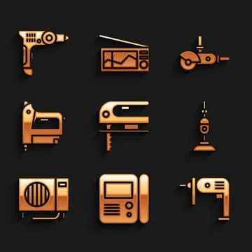 Set Electric jigsaw, House intercom system, drill machine, Vacuum cleaner, Air Stock Illustration