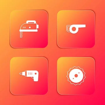 Set Electric jigsaw, Leaf garden blower, cordless screwdriver and Circular blade Illustration