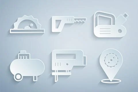 Set Electric jigsaw, planer tool, Air compressor, Circular blade, Reciprocating Stock Illustration