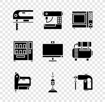 Set Electric jigsaw, Sewing machine, Microwave oven, construction stapler, .. Illustrazione stock