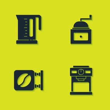 Set Electric kettle, Coffee machine, Street signboard coffee and Manual grind Illustration