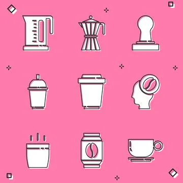 Set Electric kettle, Coffee moca pot, tamper, cup to go, Barista, and Bag coffee Illustration