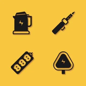 Set Electric kettle, High voltage, extension and Soldering iron icon with long Stock Illustration