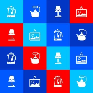 Set Electric kettle, Kettle with handle, Table lamp and Picture icon. Vector Illustration