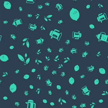 Set Electric kettle, Lemon, Tea leaf and French press on seamless pattern Stockillustratie