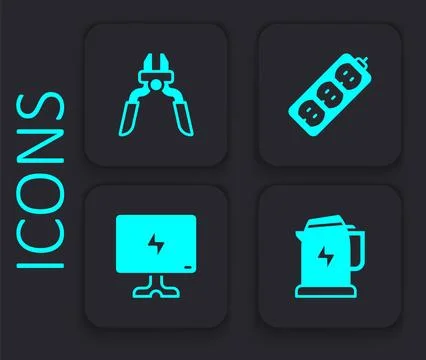 Set Electric kettle, Pliers tool, extension and Smart Tv icon. Black square 스톡 일러스트