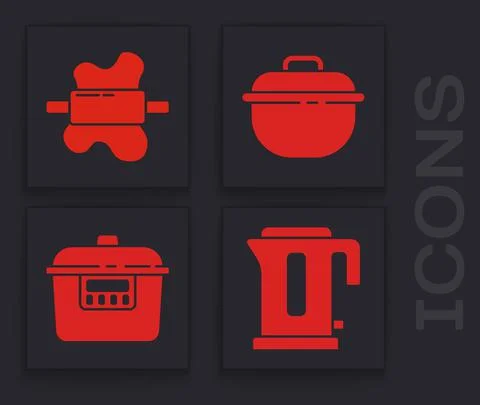 Set Electric kettle, Rolling pin on dough, Cooking pot and Slow cooker icon Stock-Illustration