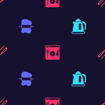 Set Electric kettle, Rolling pin on dough, Cooking live streaming and Food Stock Illustration