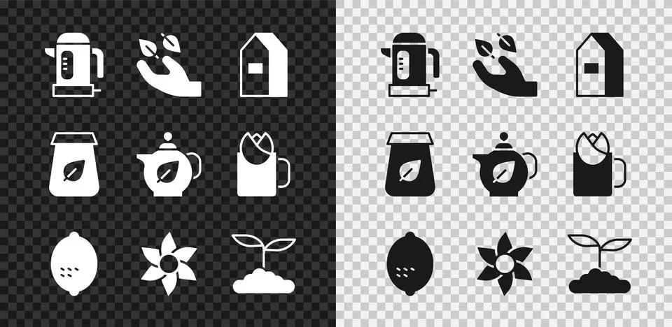 Set Electric kettle, Tea leaf in hand, Paper package for milk, Lemon, Flower Illustration