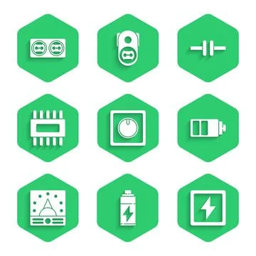 Set Electric light switch, Battery, Lightning bolt, charge level indicator Stock Illustration