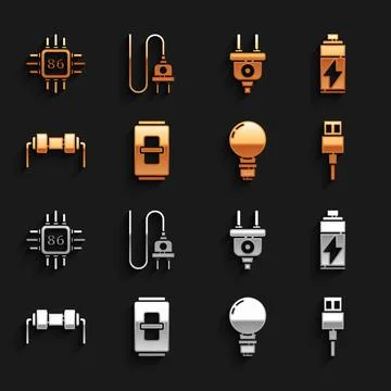 Set Electric light switch, Battery, USB cable cord, Light bulb with concept of Illustrazione stock