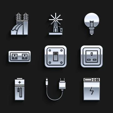 Set Electric light switch, Charger, Power bank, Electrical outlet, Battery Ilustração Stock