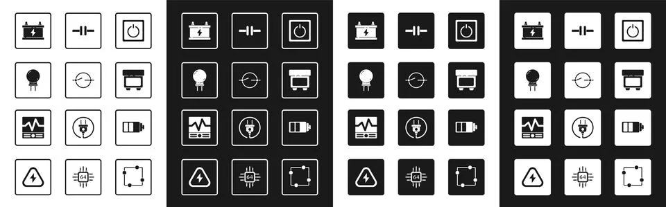 Set Electric light switch, circuit scheme, Light emitting diode, Car battery Stock Illustration