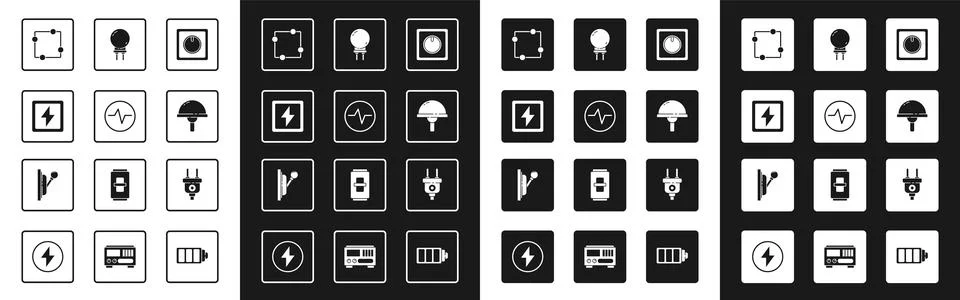 Set Electric light switch, circuit scheme, Lightning bolt, emitting diode, .. Ilustração Stock