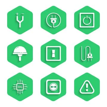 Set Electric light switch, Electrical outlet, Exclamation mark in triangle, plug Illustrazione stock