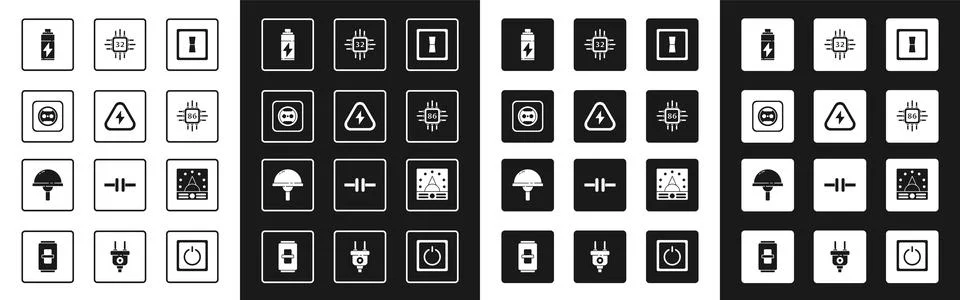 Set Electric light switch, High voltage, Electrical outlet, Battery, Processo Stock Illustration