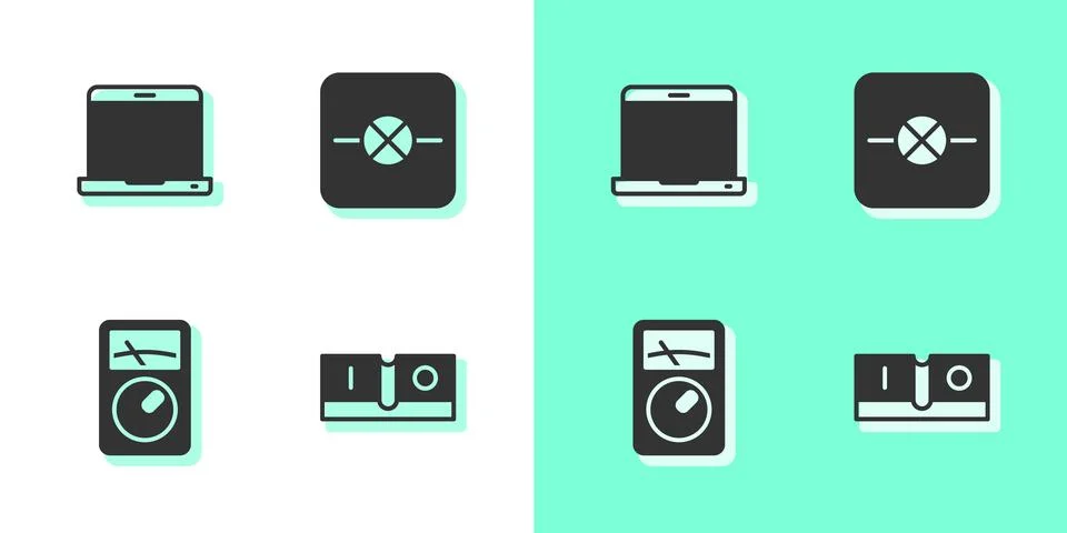 Set Electric light switch, Laptop, Ampere meter, multimeter and Lamp in ele.. Stock Illustration
