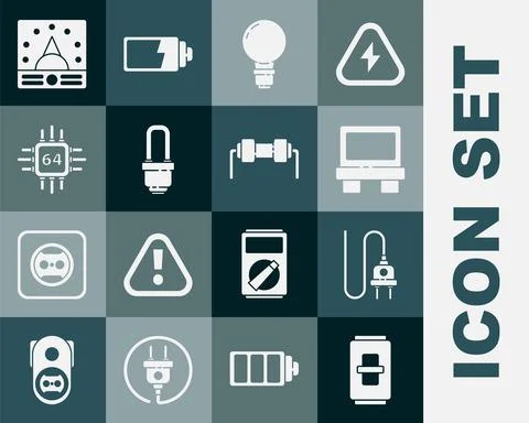 Set Electric light switch, plug, Fuse, Light bulb with concept of idea, LED Illustrazione stock