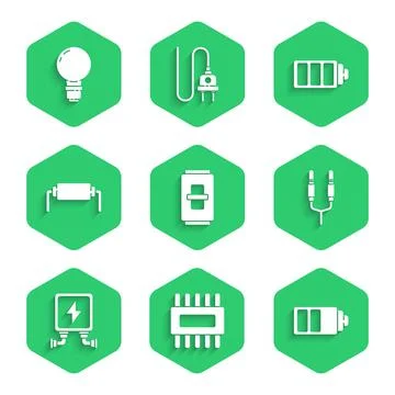 Set Electric light switch, Processor with microcircuits CPU, Battery charge Illustrazione stock