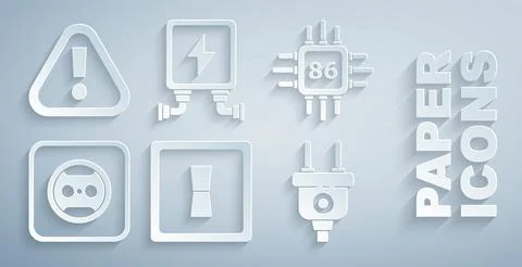 Set Electric light switch, Processor with microcircuits CPU, Electrical outlet Illustrazione stock
